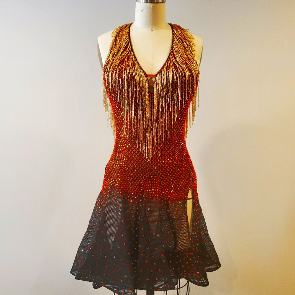 Latin ballroom dance dress by designer DWW quality with Swarovski, XS / 0 or 2